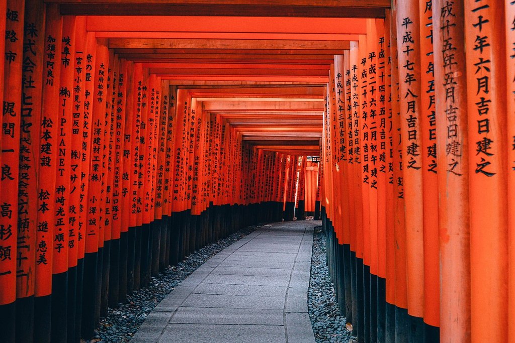 Rows of vermilion torii gates at Fushimi Inari