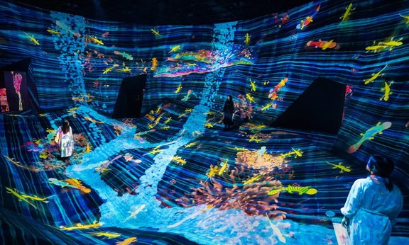 Immersive digital art with blue water and colourful fish